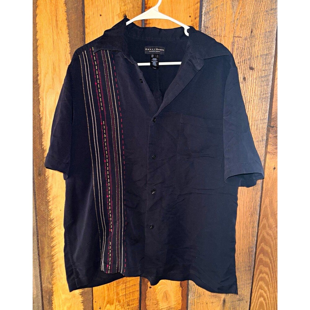 Crazy Horse Mens L Black SS Button-Up Shirt Spread Collar Pockets Embroidered